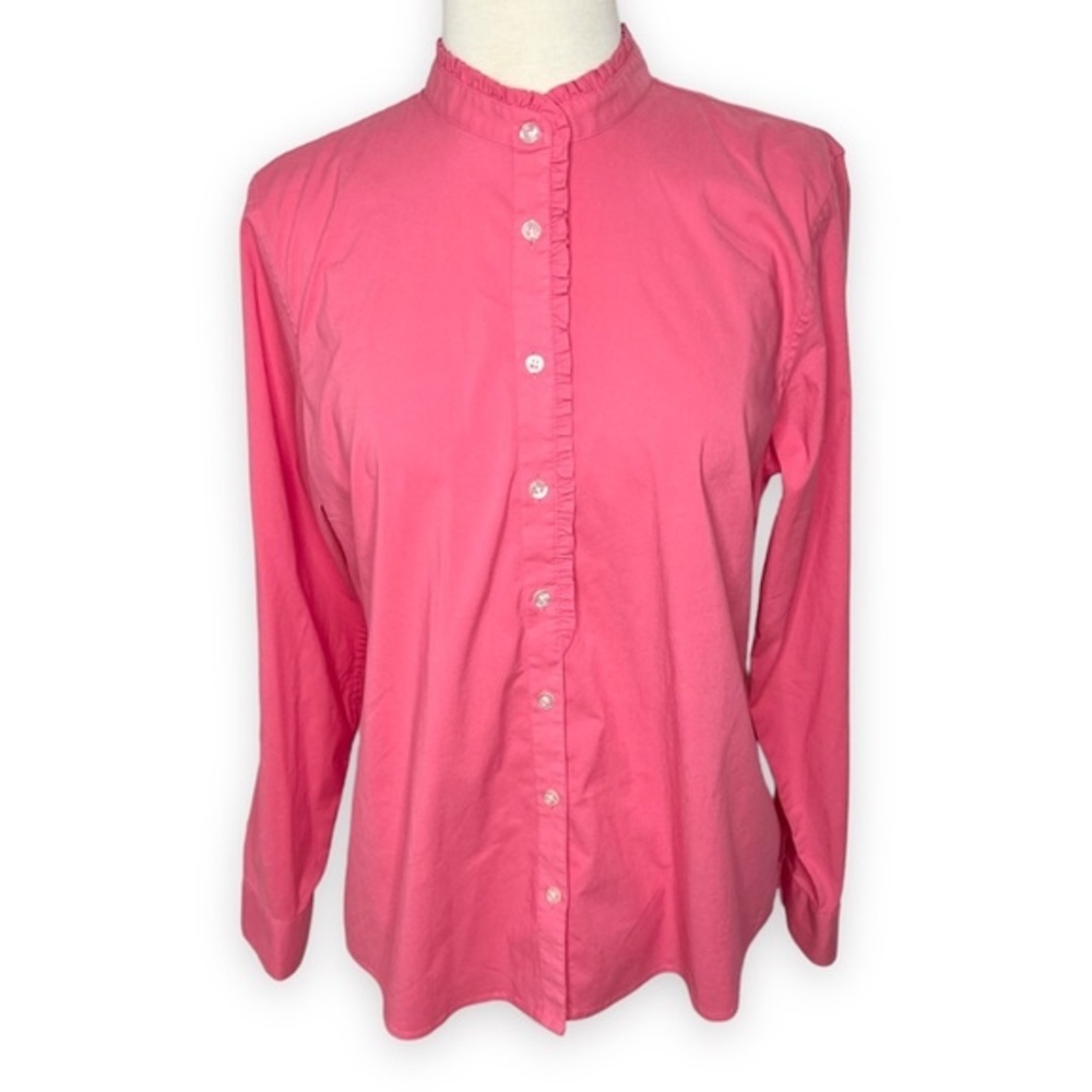 Lands' End Bright Barbie Pink Top Button Down Ruffle Mandarin Collar Long Sleeve